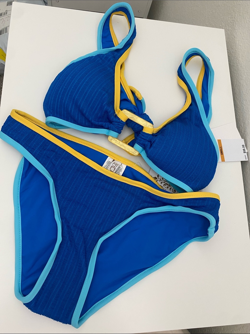 Becca Women’s Blue Two-Piece Bikini with Yellow & Light Blue Trim